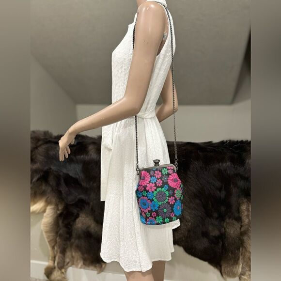 Colorful Floral Genuine Leather Diamond Shaped Push-lock Bucket Bag/Crossbody - Picture 10 of 16